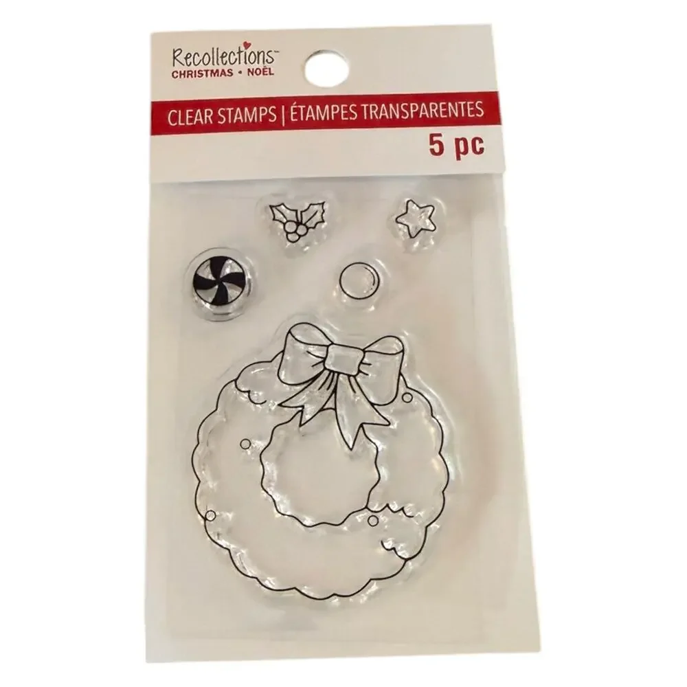 Recollections Christmas Holiday Wreath 5 Piece Clear Cling Rubber Stamps